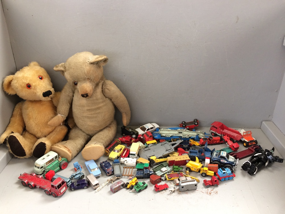 Qty of childrens die cast & plastic vehicles 2 good size teddy bears 46 & 58 cm