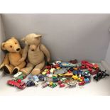 Qty of childrens die cast & plastic vehicles 2 good size teddy bears 46 & 58 cm