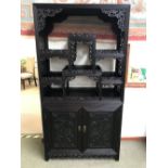 Large C20th Chinese hardwood display stand over double cupboards 98 x 190 cm
