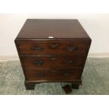 C19th mahogany small chest of 3 long graduated drawers 63 w X 69 h cm ( leg needs re attaching)