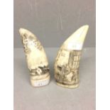 Pair of walrus scrimshaw worked tusks (16 cm), 1 decorated with a cottage & the other with a