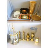 Pair of brass candlesticks (30cm), a small brass oil lamp with original shade (39cm) & another,