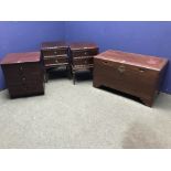 Oriental hardwood chest, 2 small bedside cupboards of 2 drawers & a chest of 3 drawers