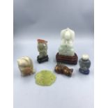 Collection of oriental hardstone items to include inro on lapis base & carved deities on wooden