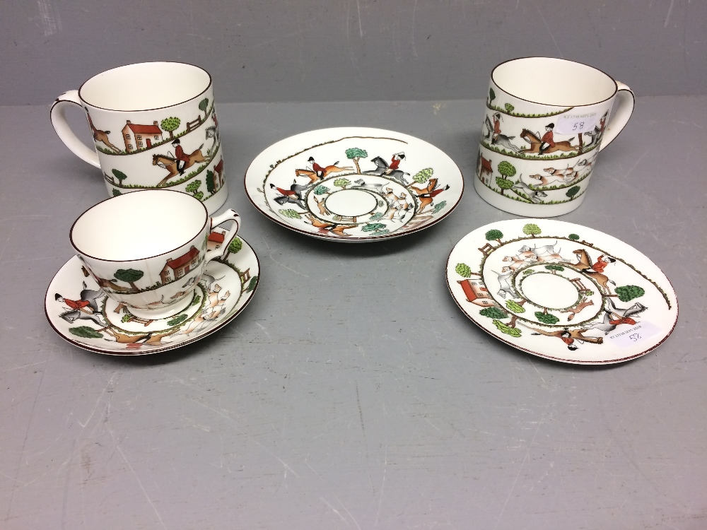 Crown Staffordshire hunting scene pint mugs x 2, tea cup, saucer, plate & shallow bowl