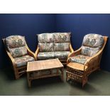 Wicker conservatory furniture including sofa & chair with upholstered cushions, coffee table &