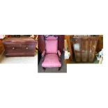 Edwardian square framed arm chair with pink upholstery & Contemporary glazed bookcase, 103W x