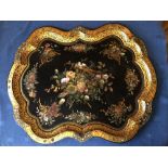 Good Serpentine shaped gilded & painted toleware tray with Mother of Pearl inlay 80 x 62 cm