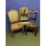2 Bedroom chairs (1 tapestry seated the other cane) & small dressing table mirror