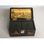 Small 2 compartment lacquered oriental tea caddy with an interesting painting on the underside of