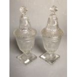 Pair of hobnail cut glass sweet meat jars with lids 37.5 cm