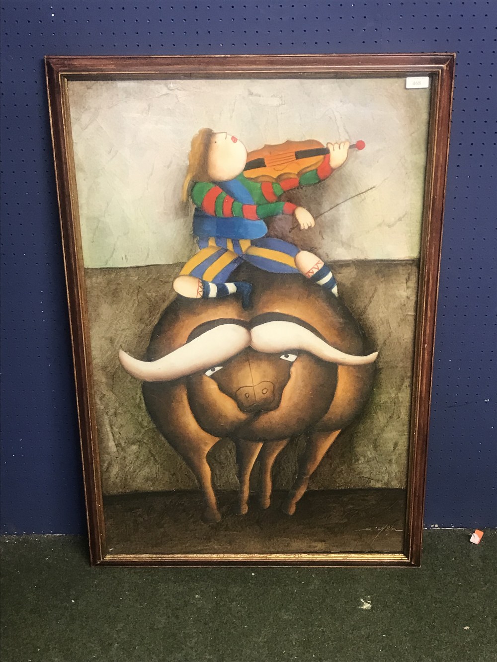 J Roybal large oil painting portrait of a child riding a ball & playing a violin 91.5 x 58.5 cm