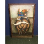 J Roybal large oil painting portrait of a child riding a ball & playing a violin 91.5 x 58.5 cm