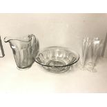 Glass wash basin & glass ewer 39.5 cm, & 4 hollow stem champagne flutes 25 cm