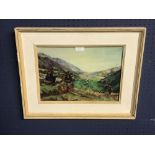 C20th oil on board 'Hikers in a Mountain Landscape' signed 24.5 x 34.5 cm