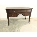 Mahogany cross branded knee hole bow fronted dressing table, 1 long drawer above 2 short drawers
