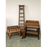 Pine washstand, 2 luggage racks, 3 stools, step ladder & fold over tea trolley