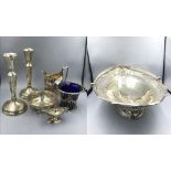 Collection of electroplated wares to include pair of candlesticks, swing handled basket & other