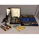 Antler handled carving set in a case, antler handled fish servers in a case, cased set of 6 steak