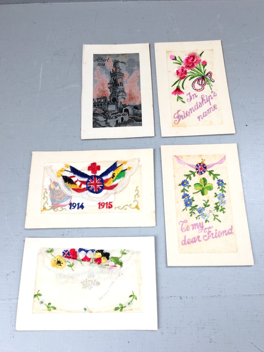 5 x WW I silk postcards