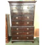 George III oak lined mahogany chest on chest of 6 long & 2 short drawers with brass drop handles 111
