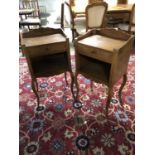 Pair of French satin walnut bedside tables with a drawer on slender cabriole legs