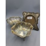 Sterling silver desktop picture frame in Art Nouvea style & pierced bowl on raised feet & 1 other