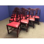 Set of 10 Mahogany dining chairs with drop in red leather seats