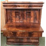 Good C19th flame mahogany escritoire, the full front revealing a fitted interior over 3 long drawers