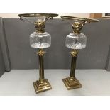 Pair of brass oil lamps converted to electricity with Corinthian columns & clear glass reservoirs 56