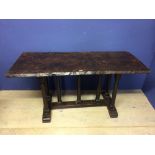 Elm single rustic plank table on a refectory base of 7 supports 146 x 57 cm