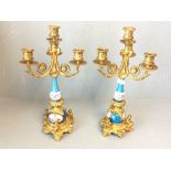 Pair of classical style severs & gilded metal 3 branch candelabra (41.5 cm)