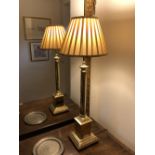 Brass column lamp on stepped base with small silk pleated shade 68 cm