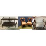 Pair of upholstered balloon back bedroom chairs, 2 square occasional tables & 1 other chair