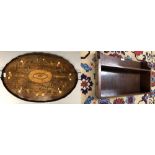 Good oval marquetry inlaid mahogany tray with wavy galleried edge (2" break) with brass handles