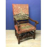 Good large carved oak armchair with tapestry seat & back panel, scrolling acanthus arms (66 deep 124