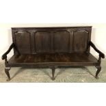 C18th large 4 panelled oak hall settle with arms on cabriole legs 193 x 69 x 99 cm