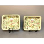 2 1920s Asian rectangular dishes decorated with naturalistic decoration on a pale green ground