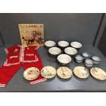 6 1950s Japanese bowls. 6 Japanese small plates hand painted with views, Japanese record & pair of