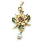 NO ONLINE BIDDING LOTS 1-30. Unmarked C17th Italian ruby & enamel flower pendant