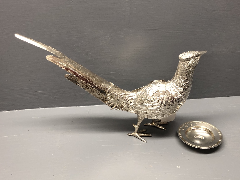 Silver plated pheasant ornament & a sterling silver pin dish