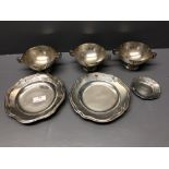 Set of 3 mexican silver footed bowls with stylised dolphin handles with a pair of matching scallop