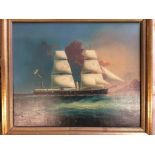 Chinese C19th oil painting on canvas, ship in stormy seas 33x40 cm