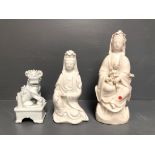 3 Blanc de Chine figures of Guanyin & dog of Fo