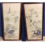 Chinese C19th a pair of watercolours on silk of birds in tree & peacock and chickens 77x33 cm