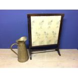Large brass jug (60 cm) & large mahogany framed fire screen with embroidered silk panel 99 x 77 cm