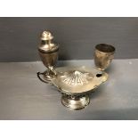 Pair of sterling silver pepperettes in the Adams style together with a sterling mustard pot with