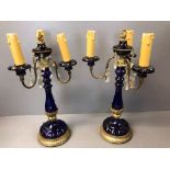 Pair of Bristol blue 3 branch chandelier table lamps with ormolu banding & glass drop lustres 44 cm