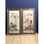 Chinese C19th a pair of watercolours on silk, birds of paradise in flowers and foliage 88x46 cm