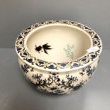Early C20th Chinese porcelain fish bowl the outside with floral decoration in blue & gilt, the